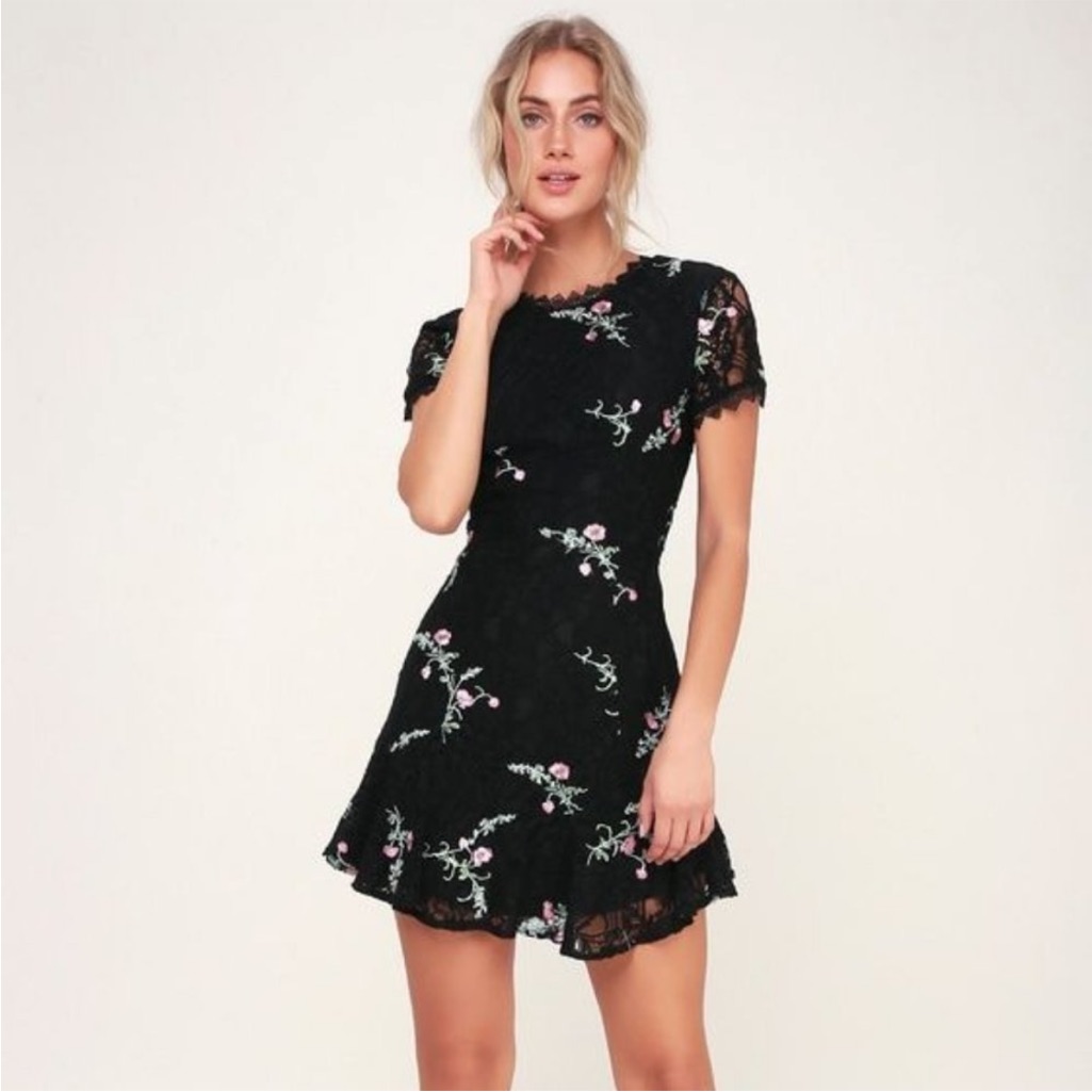 Lulu's Wayf Black Mini Lace Cottagecore Dress With Pink Floral Pattern